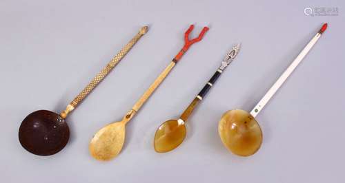 A COLLECTION OF FOUR FINE 19TH CENTURY TURKISH OTTOMAN SHERBET SPOONS, made with various natural