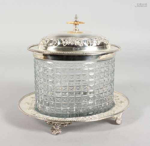 A CUT GLASS AND PLATE OVAL BISCUIT BOX ON STAND.