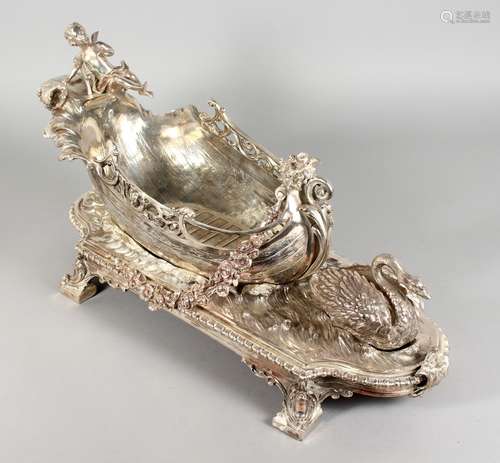 A SUPERB LARGE CAST PLATED BOAT SHAPED CENTREPIECE, with swans, cupids and garlands.