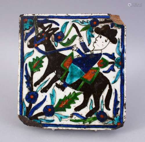 AN UNUSUAL PALESTINIAN 'ARMINIAN WORKSHOP' TERRACOTTA TILE, painted with a European man on