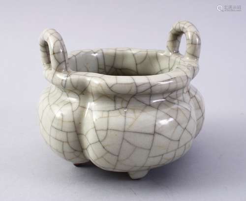 A GOOD CHINESE QUATREFOIL CRACKLE GLAZE TWIN HANDLE PORCELAIN CENSER, the base with tripod moulded