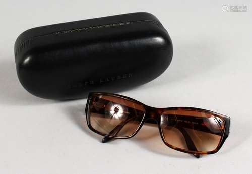 A PAIR OF RALPH LAUREN SUNGLASSES, 1919/5 086/ID 60DIS 130, in a blue Ralph Lauren leather case.