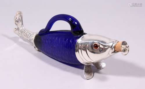 A BRISTOL BLUE GLASS AND PLATE FISH DECANTER. 14ins long.