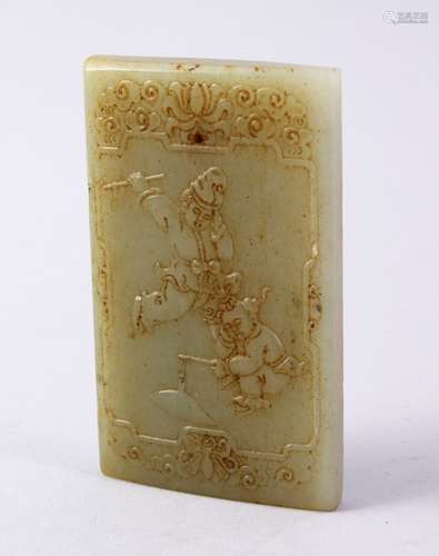 A GOOD CHINESE CARVED JADE PENDANT CARVED WITH SCENES OF BOYS PLAYING, the main panel depicting