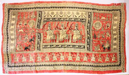 A LARGE INDIAN PAINTED HESSIAN STORYTELLING SCENE, with figures carrying out various pursuits, 2.6