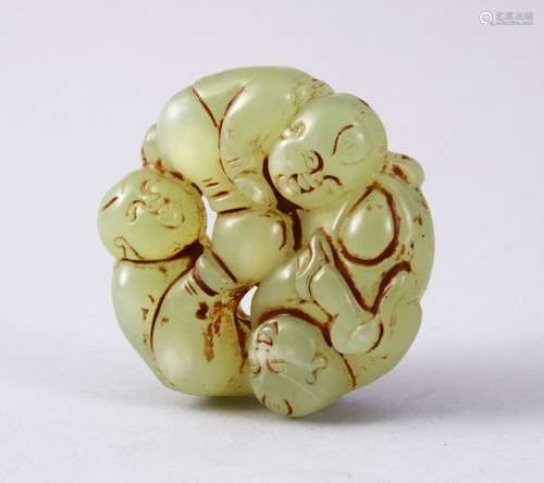 A GOOD CHINESE CARVED JADE ROUNDEL PENDANT - BOYS, the pendant carved with scenes of three boys,