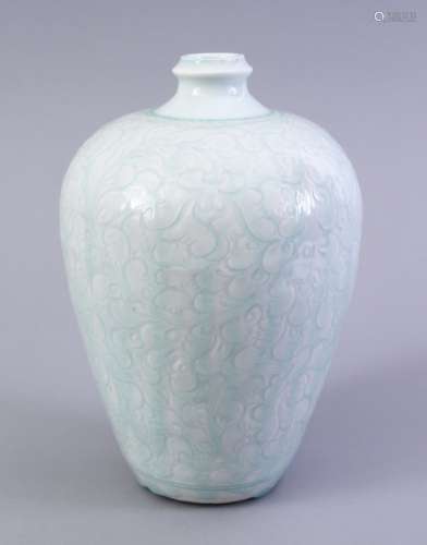 A GOOD SOUTH SONG OR LATER CARVED CELADON MEIPING VASE, the body carved with scrolling floral