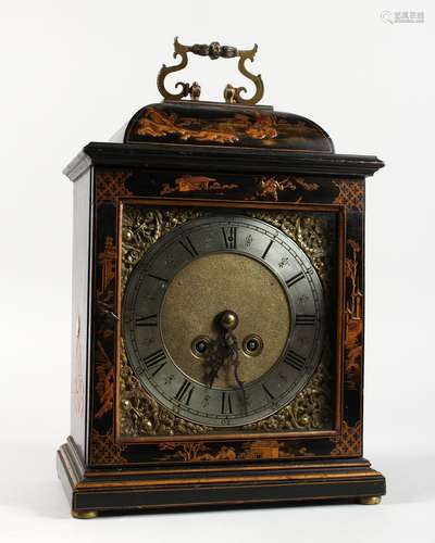 A FRENCH MADE LACQUER CASED BRACKET CLOCK, in a Chinoiserie case, eight-day movement, silver chapter