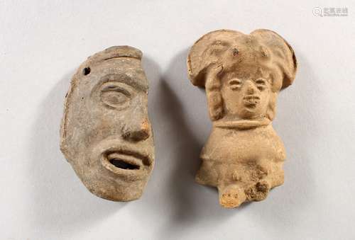 A SMALL SOUTH AMERICAN POTTERY FIGURE, and similar fragmentary work. 2.5ins high.