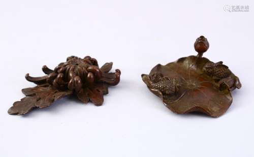 TWO JAPANESE MEIJI STYLE BRONZE SCULPTURES, one of a lilly pad with fish upon, signed, 7cm, the
