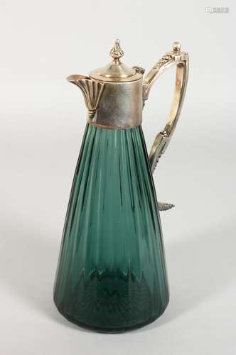 A TURQUOISE GREEN TAPERING CLARET JUG, with plated lid and handle.