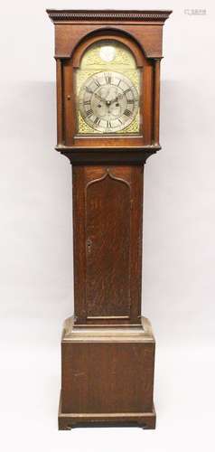 A 19TH CENTURY OAK EIGHT-DAY LONGCASE CLOCK, with arch shape dial, engraved silvered chapter ring