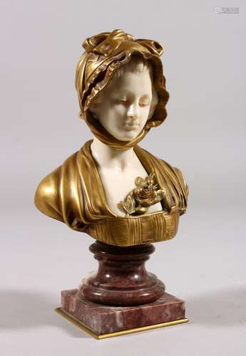 J. B. CREUZE (CIRCA. 1910) A GOOD SMALL GILT BRONZE AND IVORY BUST OF A YOUNG GIRL, on a marble