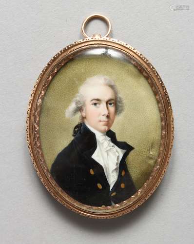 A GEORGIAN OVAL PORTRAIT MINIATURE OF A YOUNG GENTLEMAN, blue coat and white cravat. Image: 1 3/8ins