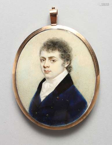 A 19TH CENTURY DOUBLE SIDED PORTRAIT MINIATURE OF A YOUNG MAN in a blue coat and lady in a white