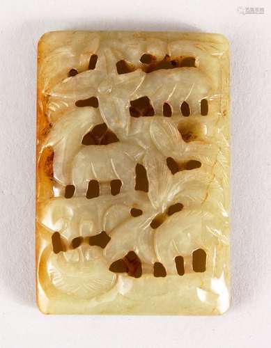 A GOOD 19TH / 20TH CENTURY CHINESE CARVED JADE PENDANT OF MYTHICAL BEASTS, in a landscape, 6cm.