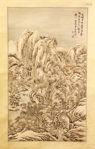 A GOOD CHINESE PAINTED HANGING SCROLL OF A LANDSCAPE - SIGNED WU GU XIANG, the painted scroll