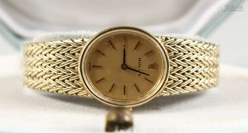 A VERY GOOD 14CT YELLOW GOLD LADIES ROLEX WRISTWATCH, with papers, in a blue box.