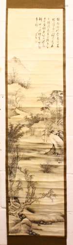 A GOOD CHINESE PAINTED HANGING SCROLL OF A LANDSCAPE SCENE - SIGNED BO YUE, painted in water colour,