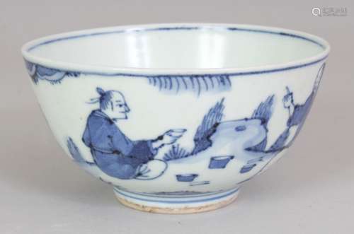 A CHINESE WANLI STYLE BLUE & WHITE PORCELAIN BOWL, the sides decorated with figures in a