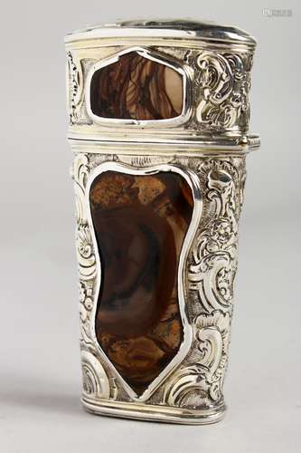 AN 18TH CENTURY CONTINENTAL SILVER AND HARDSTONE NECESSAIRE, with scissors, pencil, etc. 3.5ins