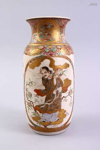 A GOOD JAPANESE MEIJI PERIOD SATSUMA VASE, the body of the vase with two panels depicting immortal