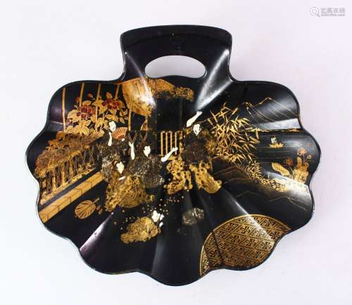 A GOOD JAPANESE MEIJI PERIOD LACQUER FAN SHAPED TRAY, the tray finely decorated with scenes of