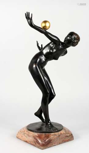 ERNST SEGER (1868-1939) GERMAN A GOOD ART DECO BRONZE STANDING ARCHED FEMALE FIGURE, crouching