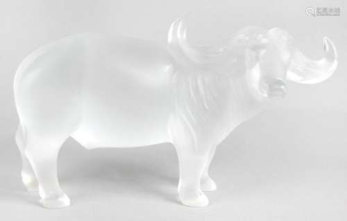 A large Lalique frosted glass study of a water buffalo, signed with applied paper label to base.