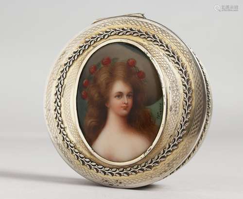 A 19TH CENTURY FRENCH ENGINE TURNED SILVER CIRCULAR BOX, the hinged lid with an oval porcelain