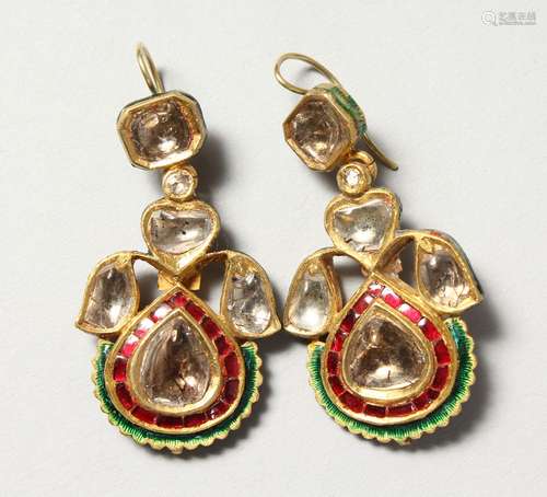 A SUPERB PAIR OF 18CT YELLOW GOLD, RUBY, DIAMOND AND EMERALD DROP EARRINGS.