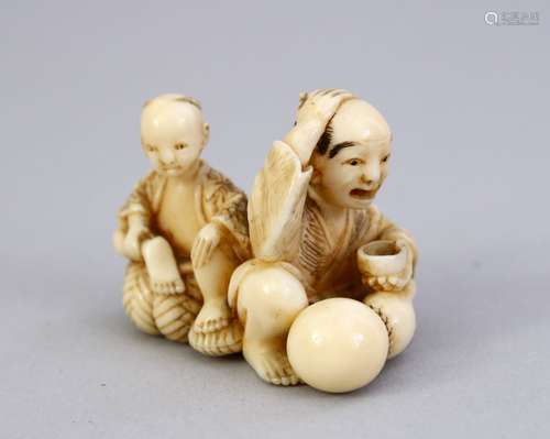 A JAPANESE MEIJI PERIOD CARVED IVORY SMALL OKIMONO - DRINKING MAN, the man drinking saki with his