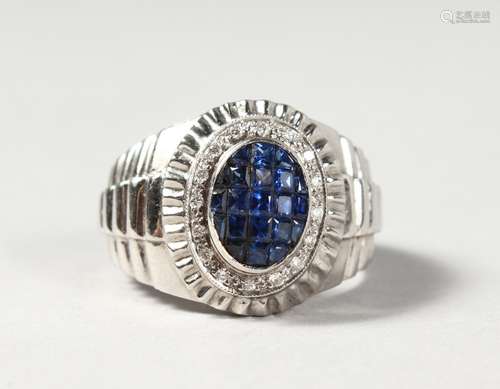 A VERY GOOD 18CT WHITE GOLD, SAPPHIRE AND DIAMOND RING.