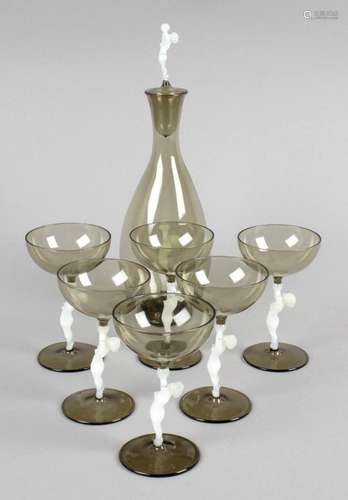 An Art Deco Bimini smoky and opeline glass drinks set,