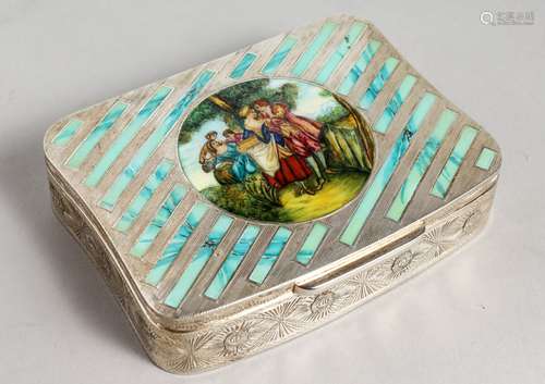 A 19TH CENTURY FRENCH SILVER JEWELLERY BOX, the hinged lid with a circular enamel of young lovers,