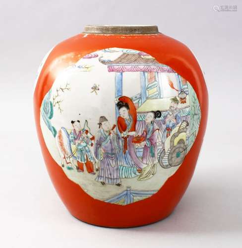 A GOOD CHINESE REPUBLIC PERIOD CORAL GROUND FAMILLE ROSE PORCELAIN JAR, Qianlong style, The body