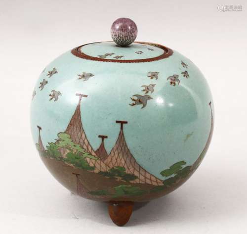 A JAPANESE GLOBULAR FORM MEIJI PERIOD CLOISONNE KORO, the koro with a sy blue ground with scenes