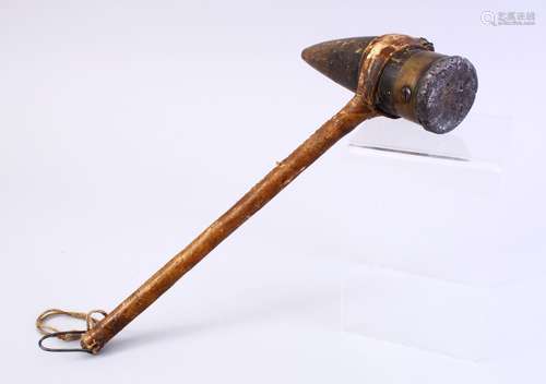 A GOOD UNUSUAL CHINESE CARVED RHINO HORN AND LEATHER BOUND MALLET / HAMMER, the leather handle fixed