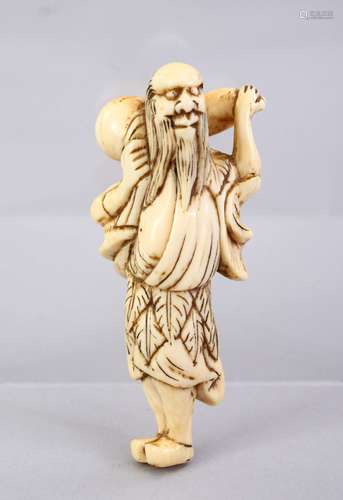 A JAPANESE EDO PERIOD CARVED IVORY NETSUKE OF A SENNIN, stood looking aloft holding a double gourd