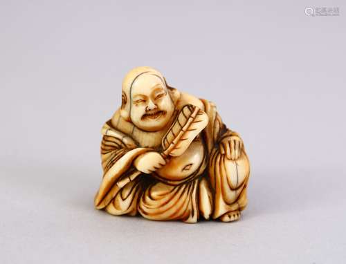 A LARGE JAPANESE MEIJI PERIOD CARVED IVORY NETSUKE OF A HOTEI, in a seated position, holding a