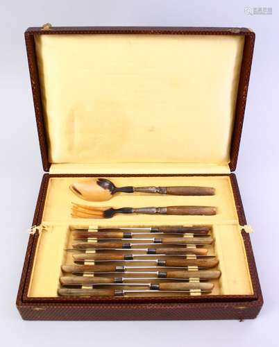 A GOOD BOXED CARVED RHINO HORN HANDLED CUTLERY 29 PIECE SERVICE, in line sectioned box.