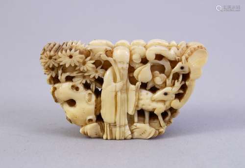 A 19TH CENTURY CHINESE CANTON CARVED IVORY SECTION - SHOU LAO, the ivory section carved in relief to