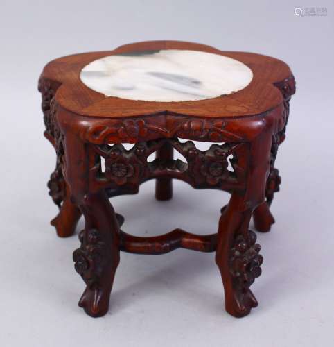 A GOOD 19TH / 20TH CENTURY CHINESE CARVED HUANGHUALI WOOD & DREAM STONE MINIATURE TABLE, the top