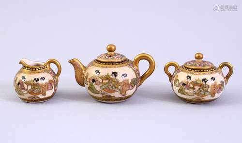 A MINIATURE JAPANESE MEIJI PERIOD THREE PIECE SATSUMA TEA SET, each item decorated with panels of