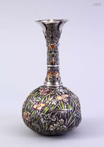 A GOOD JAPANESE MEIJI PERIOD SILVER & ENAMEL BOTTLE VASE, the vase with iris and other floral