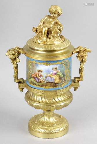 A 19th century French Sevres style porcelain and gilt metal mounted twin handled cup and cover,