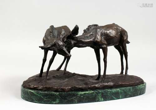 A BRONZE GROUP OF TWO FAWN, on a shaped marble base. Signed. 15ins long.