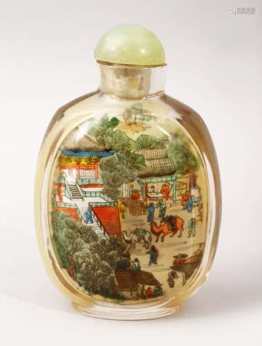 A GOOD 19TH / 20TH CENTURY CHINESE REVERSE PAINTED GLASS SNUFF BOTTLE, depicting scenes of figures