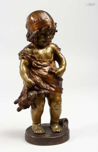 JUAN CLARA (1875-1957) SPANISH A GOOD BRONZE OF A YOUNG GIRL holding a Teddy bear. Signed, on a