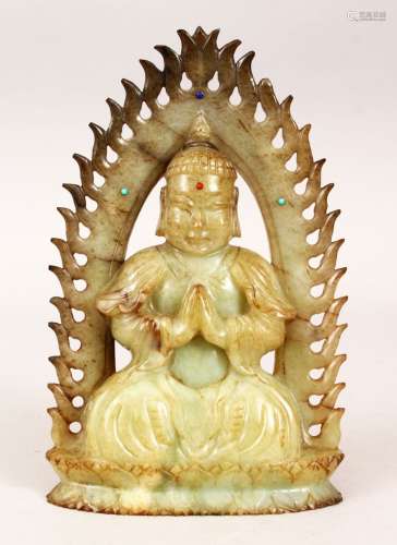 A LOVELY CHINESE CARVED JADE AND INLAID TURQUOISE & STONE BUDDHA / DEITY, in a seated position in